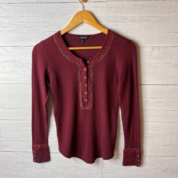 Lucky Brand Top Womens Size Small Burgundy Thermal Henley with Floral Embroidery - Picture 4 of 16